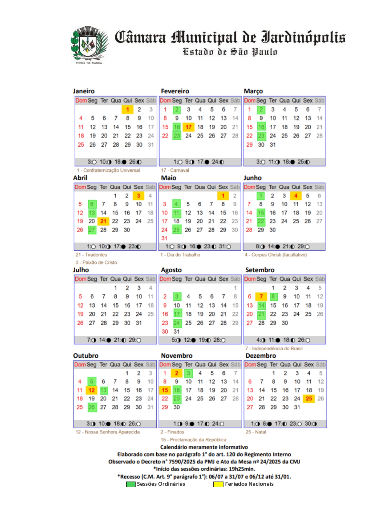 Calendário Oficial de 2026 da Câmara Municipal já está disponível