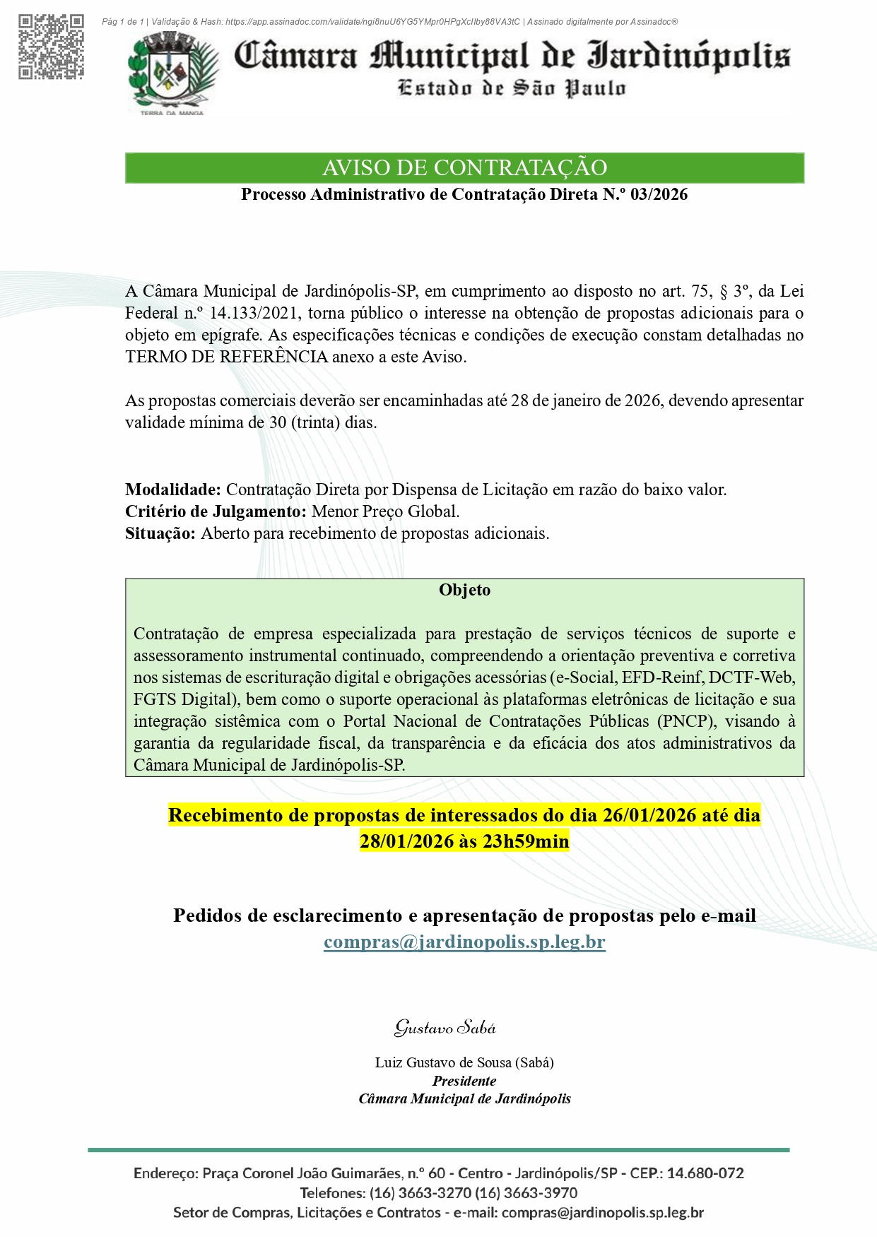 CD Nº 003/2026 - Processo Administrativo - Contratação Direta