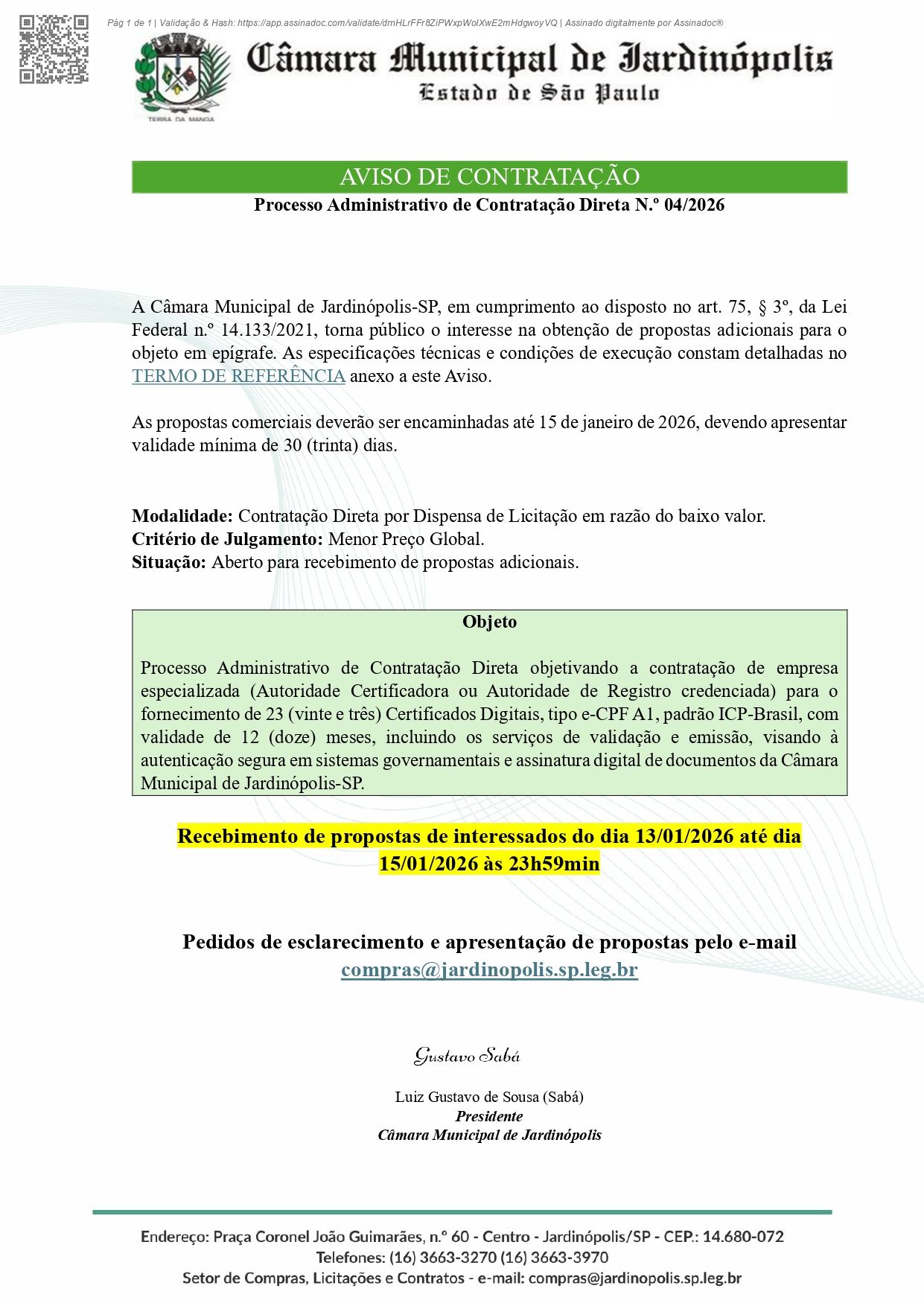 CD Nº 004/2026 - Processo Administrativo - Contratação Direta