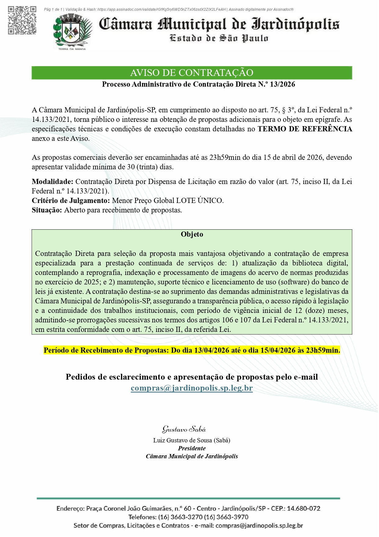 CD Nº 013/2026 - Processo Administrativo - Contratação Direta