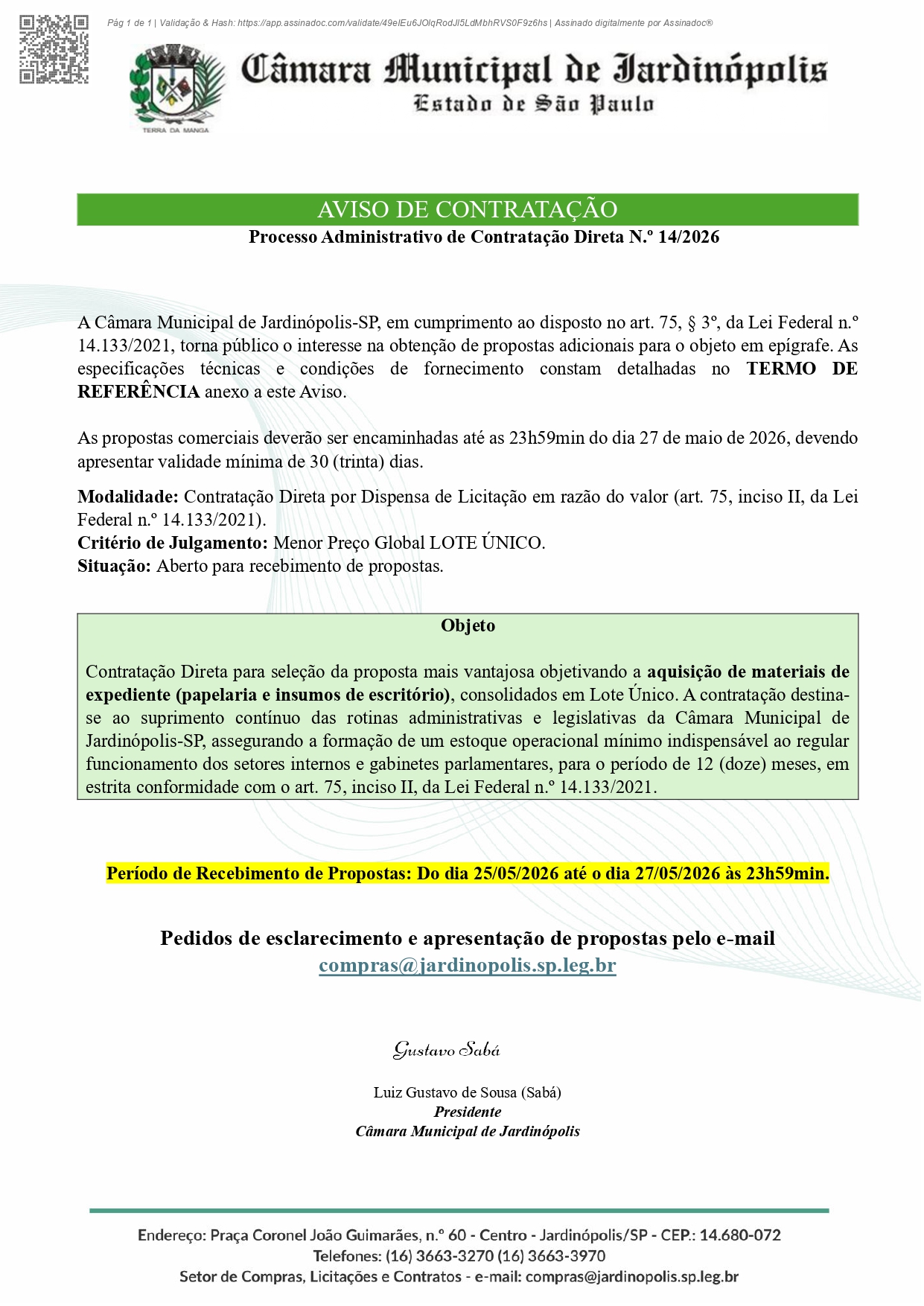 CD Nº 014/2026 - Processo Administrativo - Contratação Direta