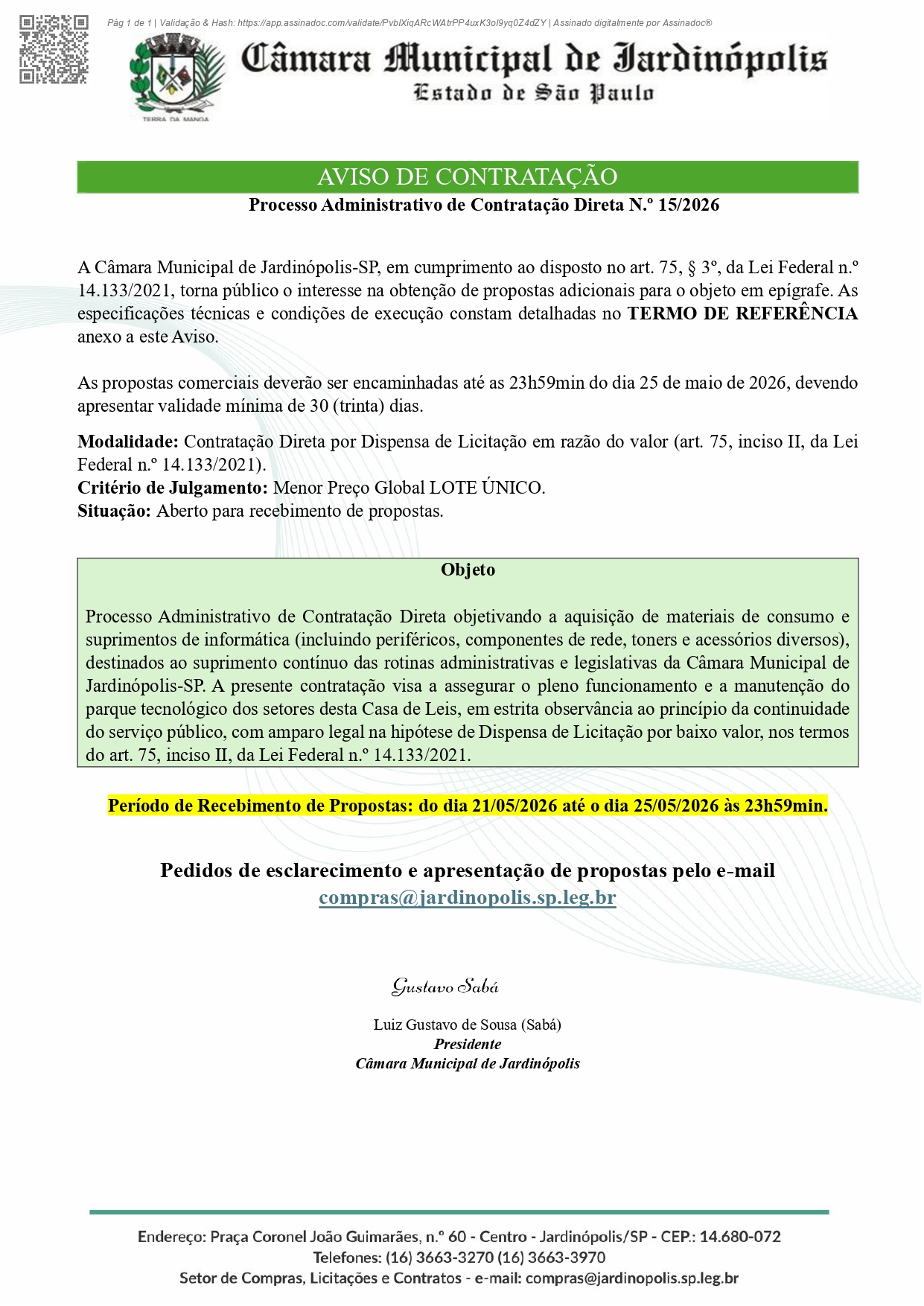 CD Nº 015/2026 - Processo Administrativo - Contratação Direta