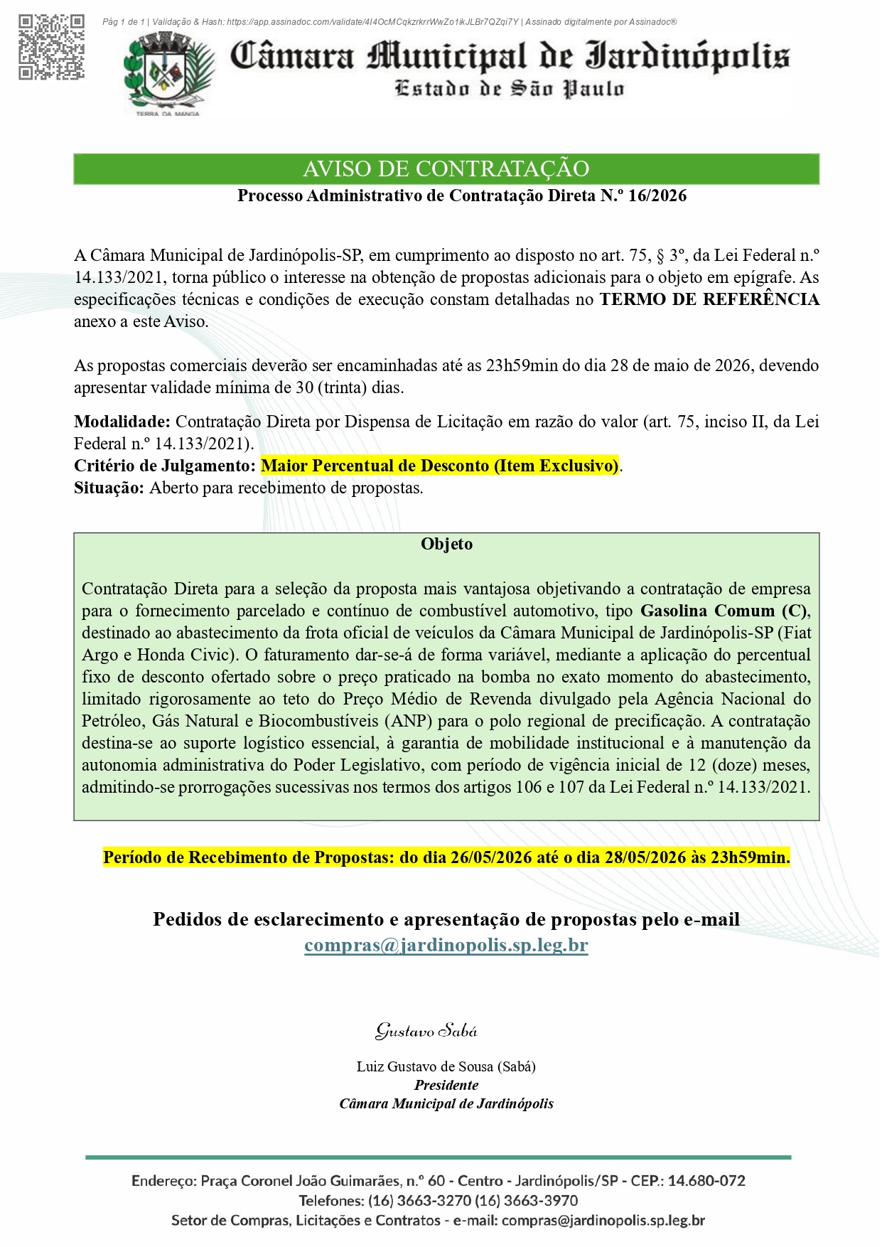 CD Nº 016/2026 - Processo Administrativo - Contratação Direta