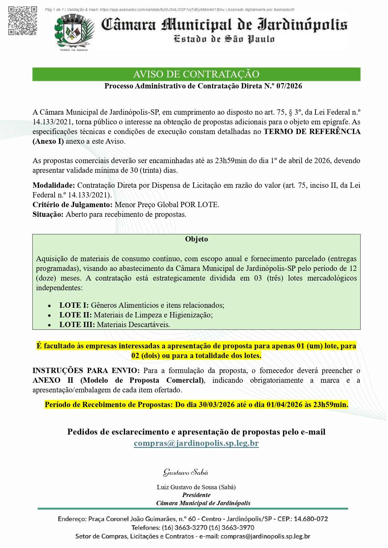 CD Nº 007/2026 - Processo Administrativo - Contratação Direta