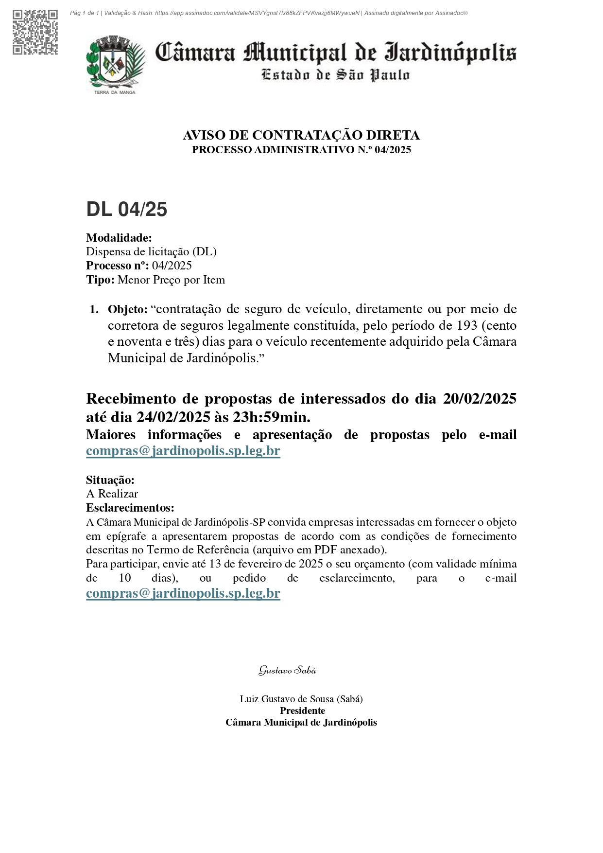 Dispensa de licitação 04/2025 - PROCESSO ADMINISTRATIVO N.º 04/2025