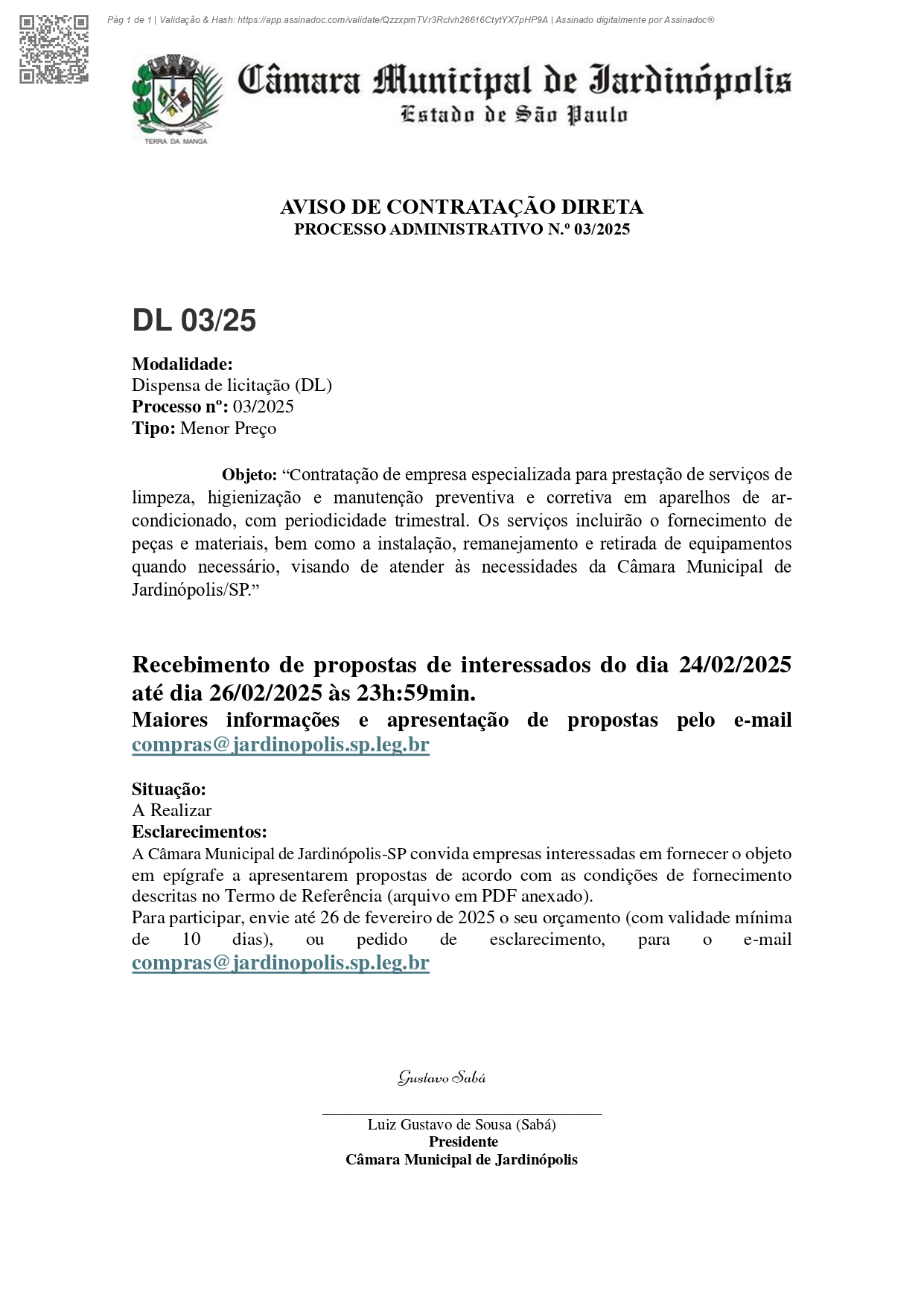 DISPENSA DE LICITAÇÃO – DL n.º 03/2025 - PROCESSO ADMINISTRATIVO N.º 03/2025