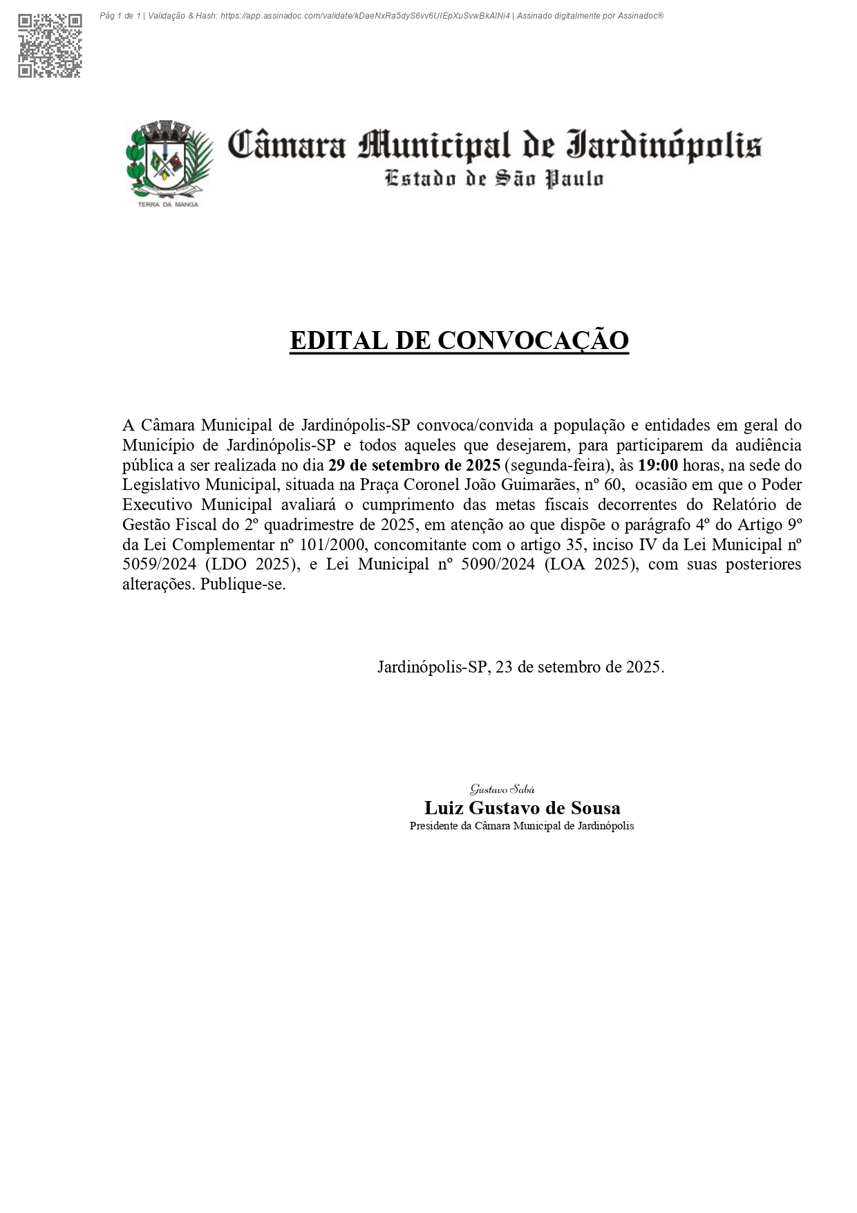 EDITAL DE CONVOCAÇÃO - Metas fiscais decorrentes do Relatório de Gestão Fiscal do 2º quadrimestre de 2025