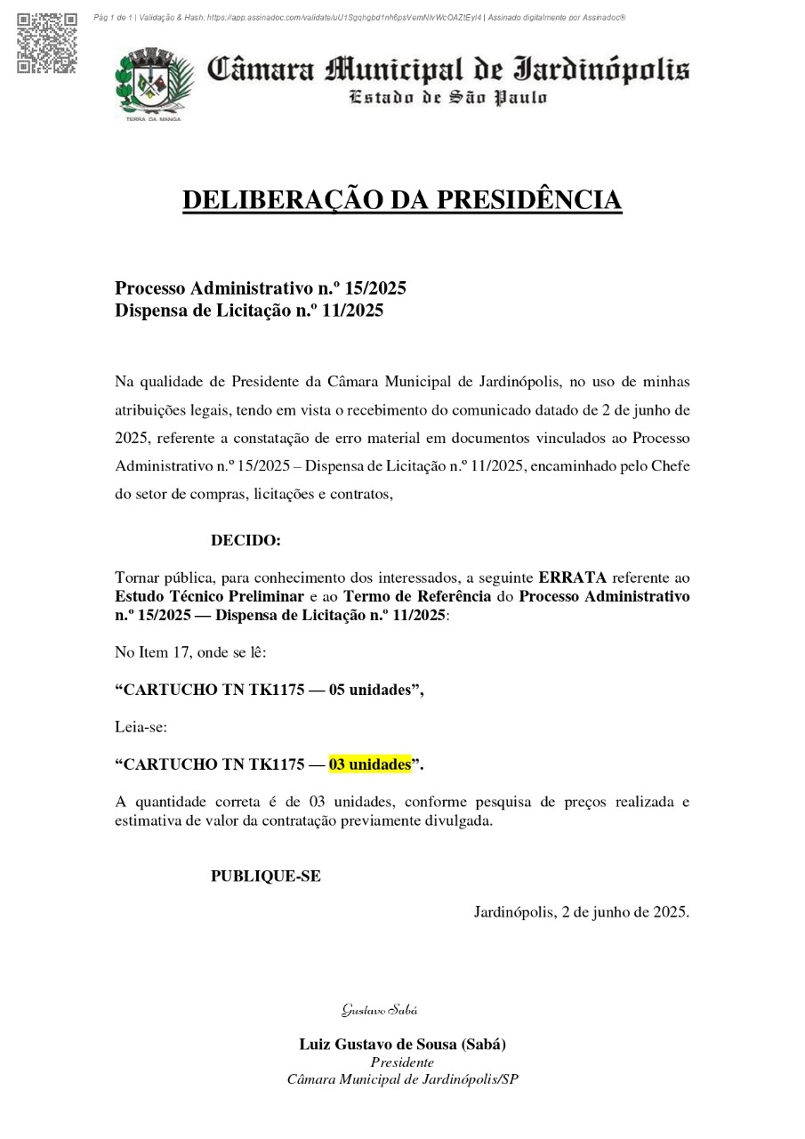 ERRATA - DL 11/25 - PROCESSO ADMINISTRATIVO N.º 15/2025