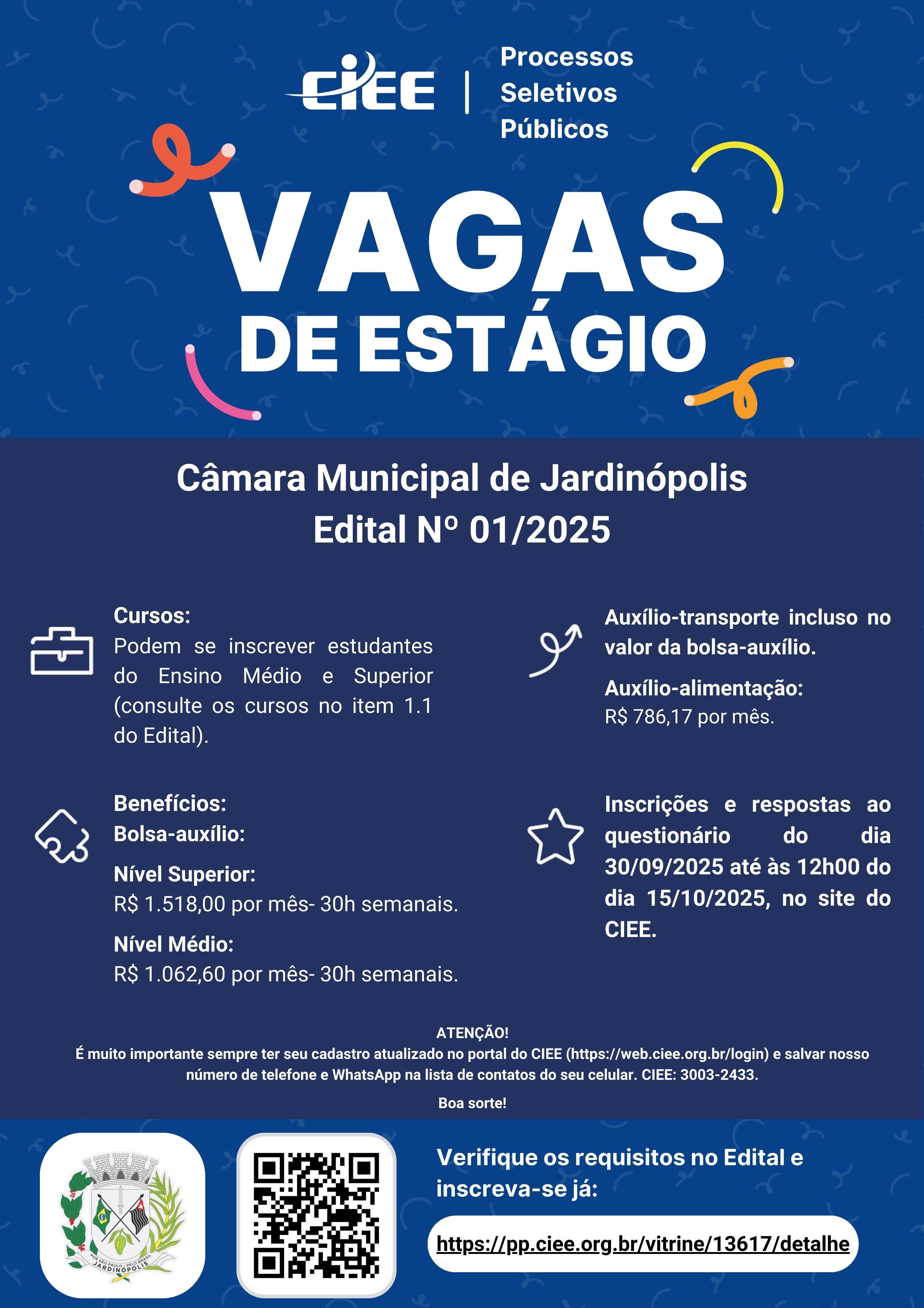 Já estão abertas as inscrições para o Processo Seletivo de Estagiários 2025 da Câmara Municipal de Jardinópolis