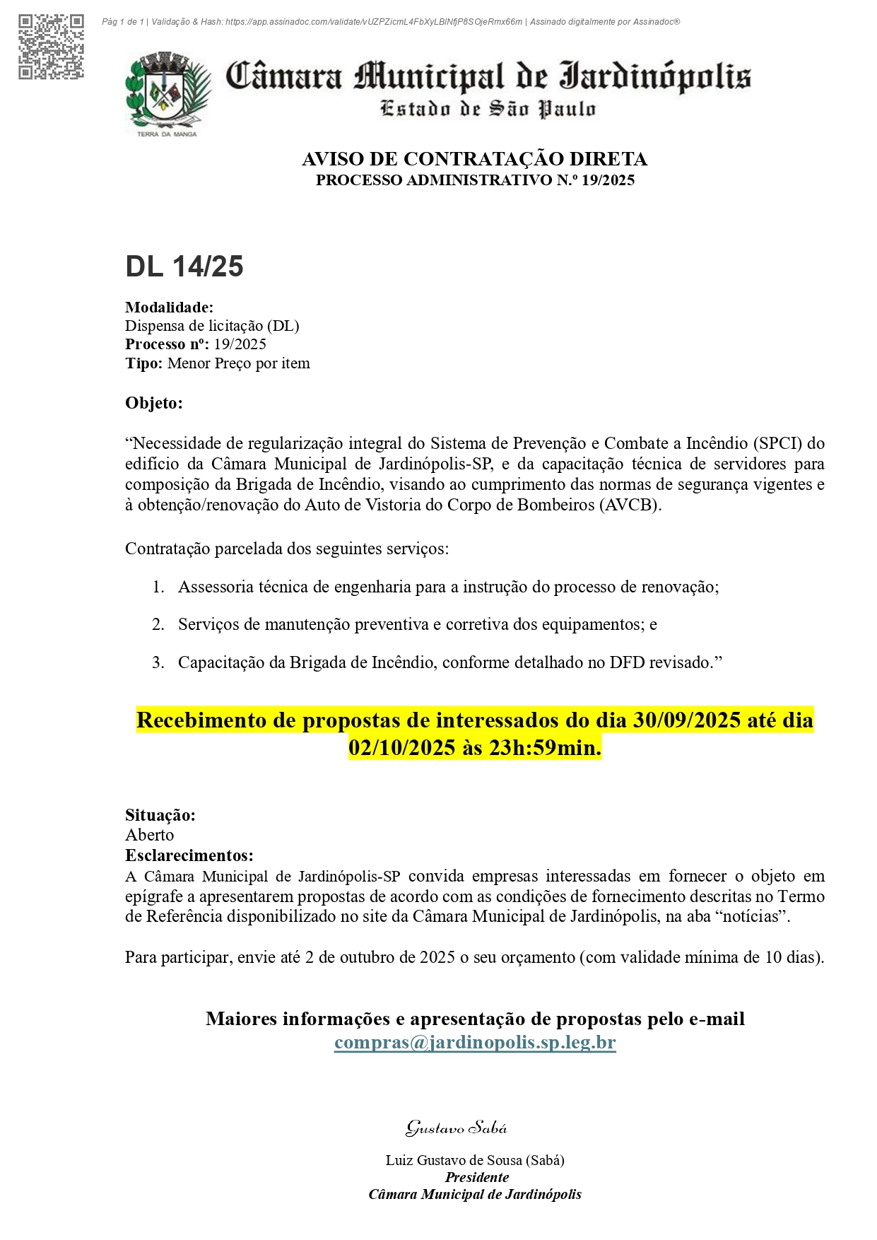  PROCESSO ADMINISTRATIVO DE CONTRATAÇÃO DIRETA N.º 19/2025  DISPENSA DE LICITAÇÃO  N.º 14/2025