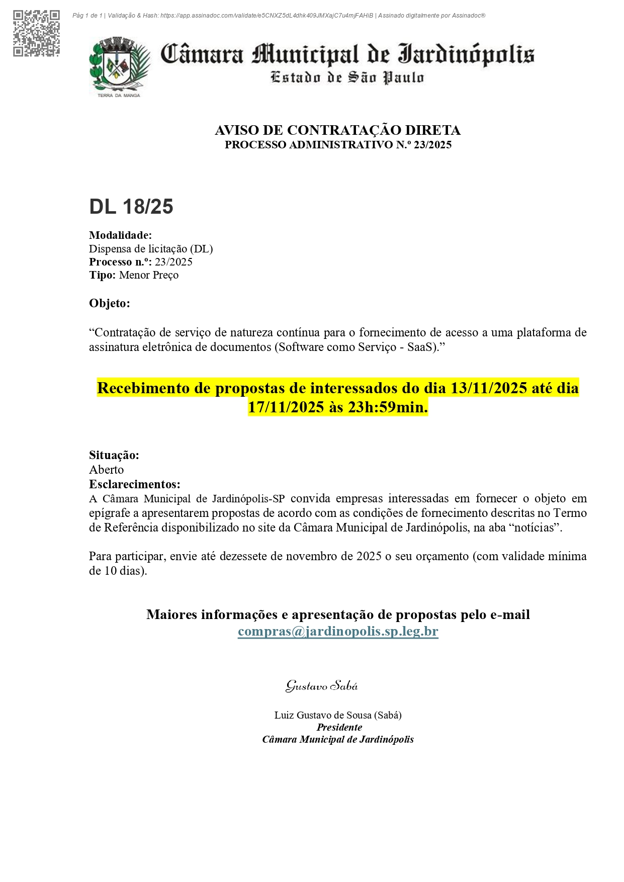 PROCESSO ADMINISTRATIVO DE CONTRATAÇÃO DIRETA N.º 23/2025 - DISPENSA DE LICITAÇÃO 