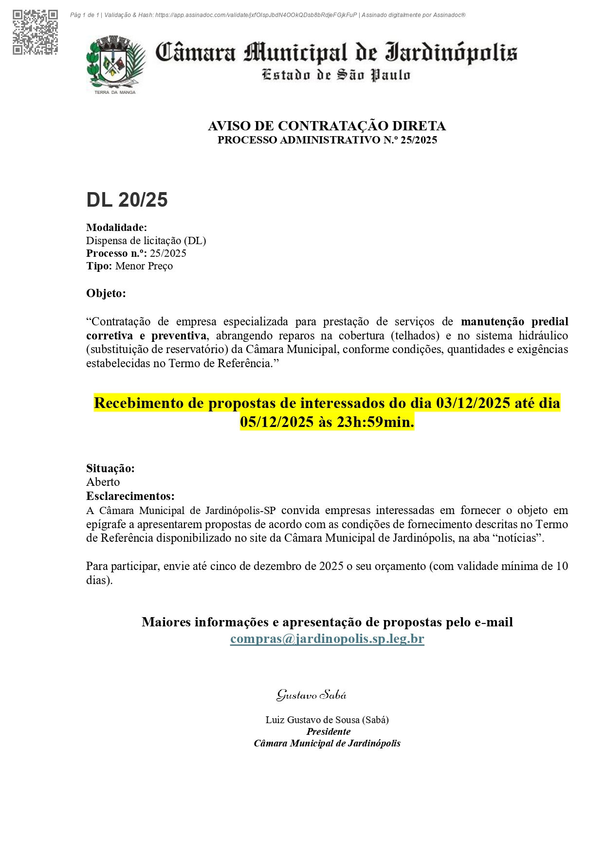 PROCESSO ADMINISTRATIVO N.º 25/2025 - Dispensa de licitação (DL) N.º 20/2025