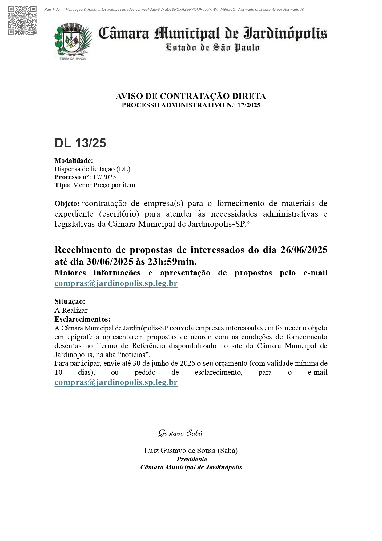 PROCESSO ADMINISTRATIVO N.º 17/2025 - CONTRATAÇÃO DIRETA - DISPENSA DE LICITAÇÃO N.º 13/2025 